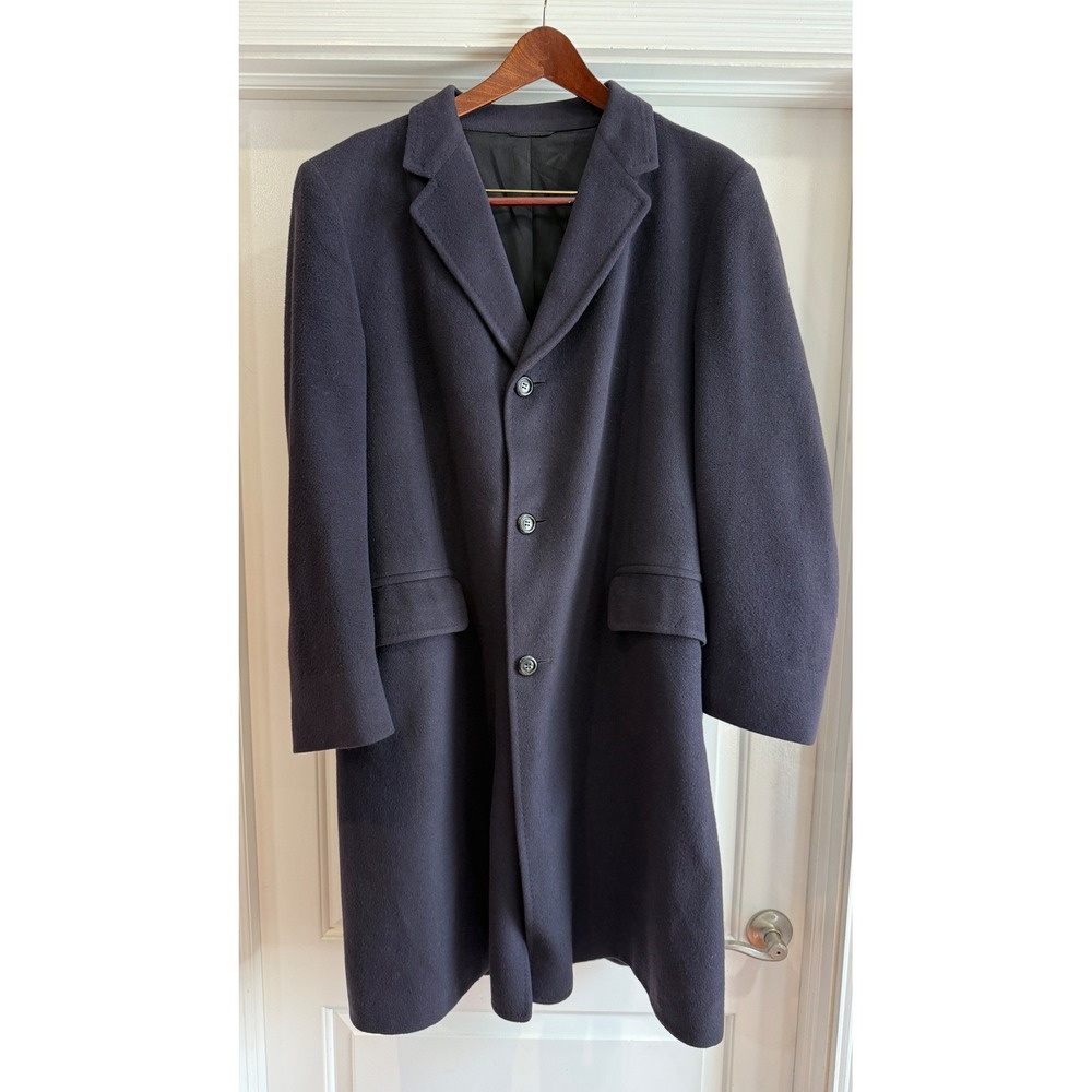 Le Chevron Mens 100% Cashmere Overcoat Navy Blue Long Trench Coat Jacket 48R